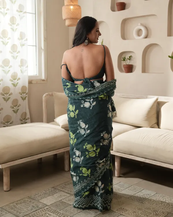 Bottle_Green_Cotton_Mughal_Butta_Dabu_Print_Mul_Saree_For_Women